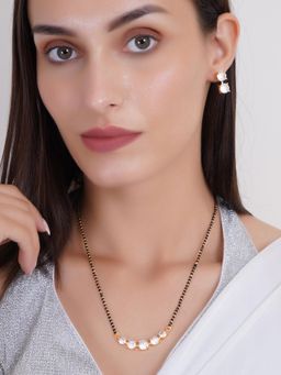 Adwitiya - Gold Plated Black Beaded Sparkling Ad Curve Mangalsutra with Earrings