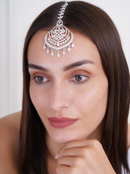 Adwitiya - Women Leaf Design Ad Studded Hanging Stone Maang Tikka