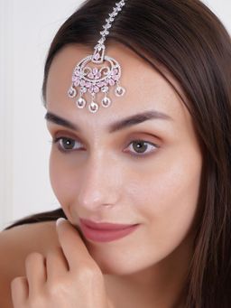 Adwitiya - Women Leaf Flower Design Ad Baby Pink Crystal Stone Maang Tikka