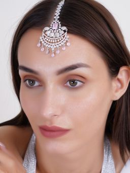 Adwitiya - Women Leaf Design Ad Baby Pink Crystal Stone Maang Tikka
