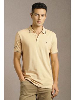 Louis Philippe - Men's Beige Polo T-Shirt with Collar Tipping and Branding on Sleeve