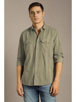 Louis Philippe - Olive Stripes Slim Fit Shirt