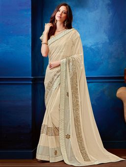 Odette - Cream Lycra Designer Saree with Unstitched Blouse