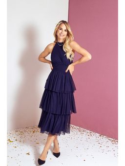 Vogue Williams Edit - Navy Flock Spot Tiered Midi Dress (8 UK)