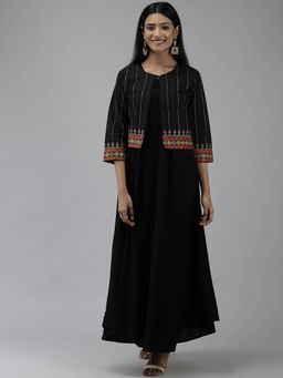 Yufta - Black Ethnic A-Line Maxi Dress with Jacket (Set of 2)