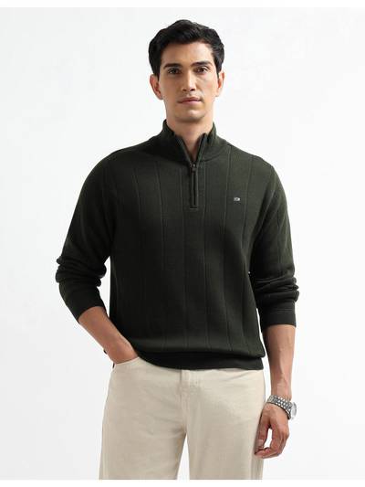 Men Vertical Striped Patterned Knit Green Sweater