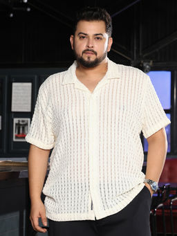 Instafab Plus - Men Cloud Off White Striped Tactile Knit Oversized Shirt