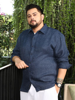 Instafab Plus - Men Indigo Blue Grid Weave Jacquard Shirt