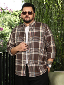 Instafab Plus - Men Chocolate Brown Button Down Shadow Plaid Shirt