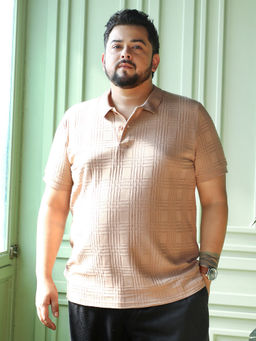 Instafab Plus - Men Intertwine-Textured Beige Polo T-Shirt