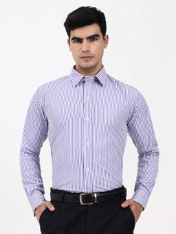 Ya Qalbi - Men Tailored Fit with Contrast Striped French Cuffs Purple Shirt