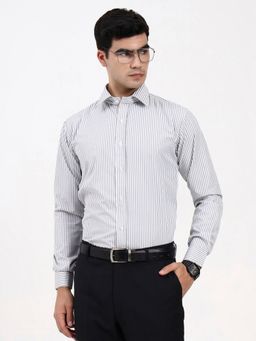 Ya Qalbi - Men Tailored Fit with Contrast Striped French Cuffs Grey Shirt