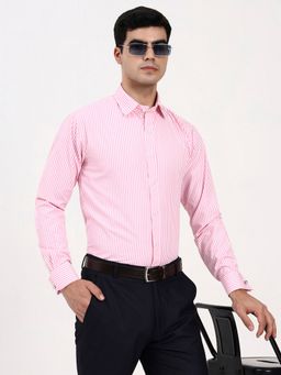 Ya Qalbi - Men Tailored Fit with Contrast Striped French Cuffs Pink Shirt