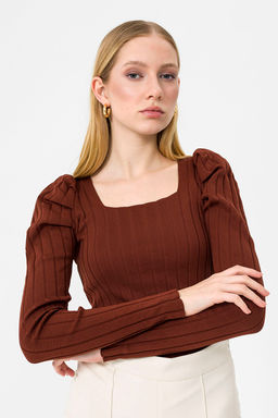 Sateen - Ribbed Square Neck Top in Brown (Free Size)