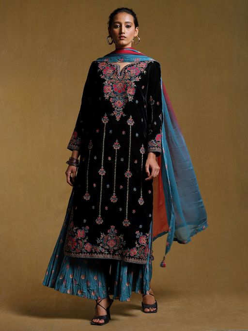 Buy Ritu Kumar Black Embroidered Kurta with Sharara and Dupatta (Set of 3)  Online