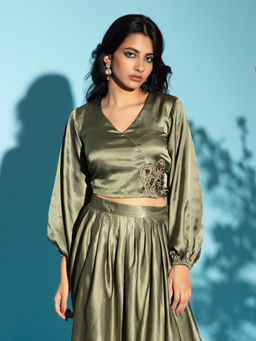 Gajra Gang - Dreamy Drapes Olive Modal Satin Embroidered Crop top GGTOP12