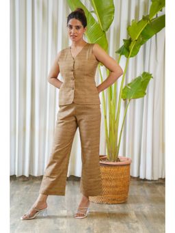 Moonstruck - Brown Textured Sleeveless Jacket with Straight Pants Set (Set of 2)