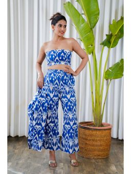 Moonstruck - Blue and White Ikat Print Tube Top with Straight Pants (Set of 2)