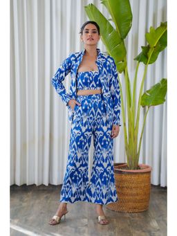 Moonstruck - Blue and White Ikat Print Tube Top with Straight Pants and Shacket Set (Set of 3)