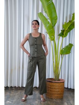 Moonstruck - Olive Green Square Neck Top with Straight Pants Set (Set of 2)