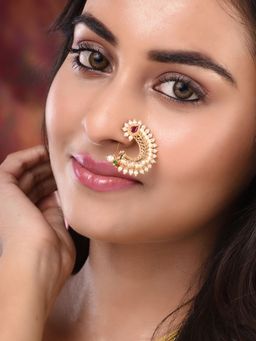 Saraf RS Jewellery - Gold Plated White Pearl Beaded Peshwai Moti Nath