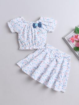 The Magic Wand - Printed Puff Sleeves Bow Detail Top & Skirt - Pink (Set of 2)