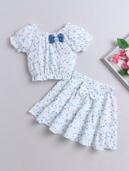 The Magic Wand - Printed Puff Sleeves Bow Detail Top & Skirt - White (Set of 2)