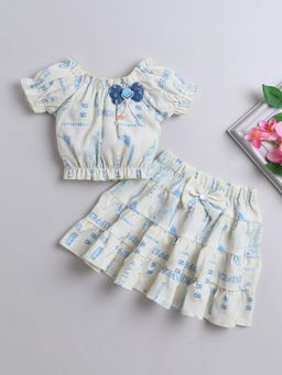 The Magic Wand - Printed Puff Sleeves Bow Detail Top & Skirt - Yellow (Set of 2)