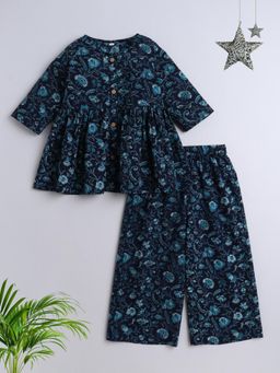 The Magic Wand - Cotton Floral Printed Top & Pant - Navy Blue (Set of 2)