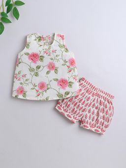 The Magic Wand - Cotton Sleeveless Floral Printed Top & Shorts - Off White (Set of 2)