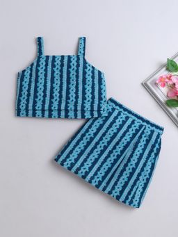 The Magic Wand - Cotton Strappy Printed Top and Skirt - Teal Blue (Set of 2)