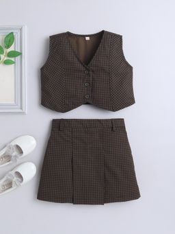 The Magic Wand - Cotton Sleeveless Checked Waist Coat And Skirt - Green (Set of 2)