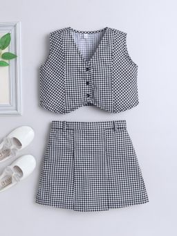 The Magic Wand - Cotton Sleeveless Checked Waist Coat And Skirt - Black (Set of 2)