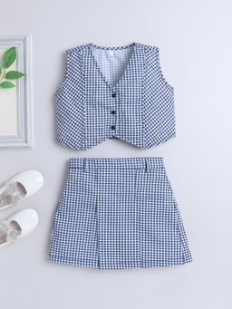 The Magic Wand - Cotton Sleeveless Checked Waist Coat And Skirt - Blue (Set of 2)