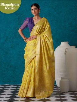 Likha - Yellow Linen Woven Bhagalpuri Festive Zari Saree & Unstitched Blouse LIKSAR56 (Free Size)