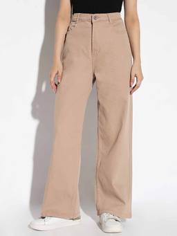 SHOWOFFFF - Women's Beige Wide Leg Denim Jeans