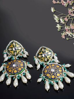 Dugran By Dugristyle - Blue and White Dangler Earrings with Kundan & Pearls