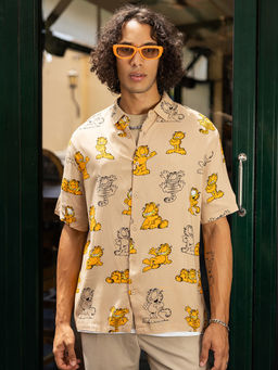 Bewakoof - Official Garfield Men's Brown All Over Printed Oversized Shirt