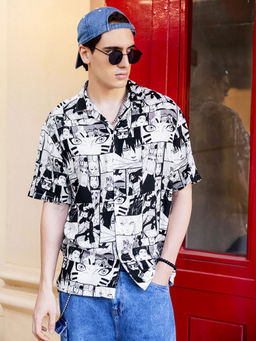 Bewakoof - Men's White & Black All Over Printed Oversized Shirt