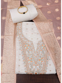 SALWAR STUDIO - White & Orange Embroidered Unstitched Dress Material (Set of 3)