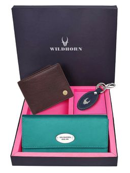 WILDHORN - Premium Leather Ladies Wallet, Mens Wallet and Keychain Gift -1K_TE_2052MRN_K (Set of 3)