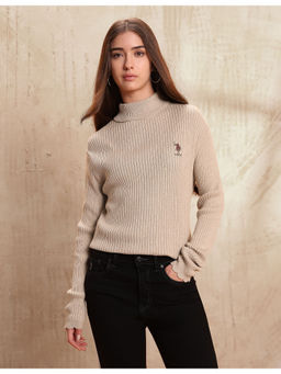 U.S. POLO ASSN. - Women Beige Ribbed Turtle Neck Sweater