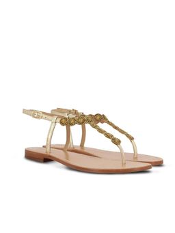 Saint G - Platin Leather Gold Embroidered Flat Sandals