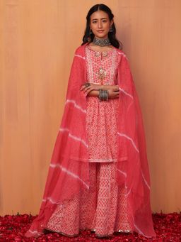Indya - Peach Bandhani Print Cotton Short Anarkali Kurta with Sharara and Dupatta (Set of 3)