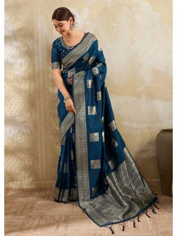 SAJAVAT ETHENIC WEAR - Blue Banarasi Gold Zari Border Silk Saree