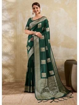 SAJAVAT ETHENIC WEAR - Green Banarasi Gold Zari Border Silk Saree