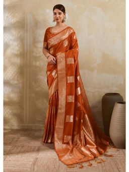 SAJAVAT ETHENIC WEAR - Orange Banarasi Gold Zari Border Silk Saree