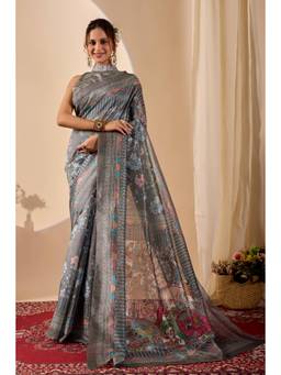 RACHNA - Grey Cotton Silk Floral Printed Ready To Wear Saree