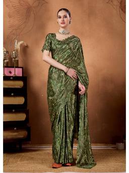 RACHNA - Olive Georgette Embroidered Mirror Work Ready To Wear Saree
