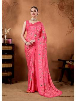 RACHNA - Pink Georgette Embroidered Mirror Work Ready To Wear Saree